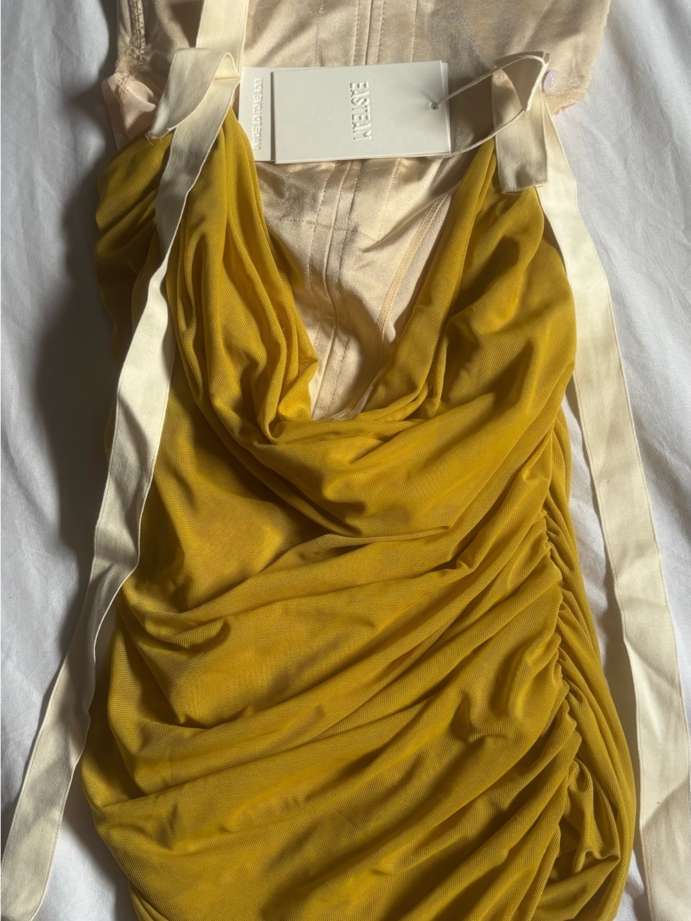 English Factory Mustard Draped Cowl Neck Dress with Cream Ties - Picture 2 of 3